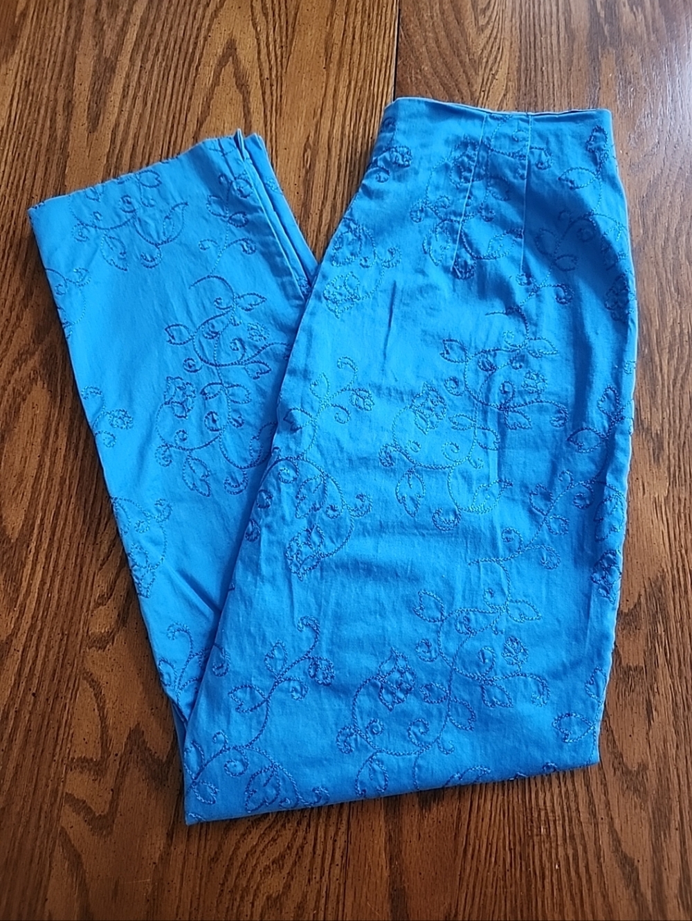 Dressbarn Azure Blue Floral Embroidered Ankle Pants Stretch Side Zip Flat Front